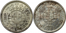 Europäische Münzen und Medaillen, Portugal. PORTUGIESISCHE BESITZUNGEN. MACAU. 5 Patacas 1952. Silber. KM 5. Stempelglanz