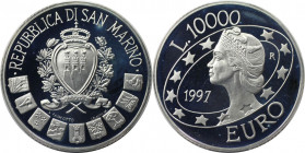 Europäische Münzen und Medaillen, San Marino. San Marino in Europa. 10000 Lire 1997. 22,0 g. 0.835 Silber. 0.59 OZ. KM 372. Polierte Platte