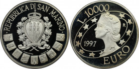 Europäische Münzen und Medaillen, San Marino. San Marino in Europa. 10000 Lire 1997. 22 g. 0.835 Silber. 0.59 OZ. KM 372. Polierte Platte