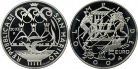 Europäische Münzen und Medaillen, San Marino. XXVIII. Olympische Sommerspiele 2004 in Athen. 5 Euro 2003. 18,0 g. 0.925 Silber. 0.54 OZ. KM 453. Polie...