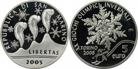 Europäische Münzen und Medaillen, San Marino. "XX. Olympischen Winterspiele Turin 2006". 5 Euro 2005. 18,0 g. 0.925 Silber. 0.53 OZ. KM 511. Polierte ...