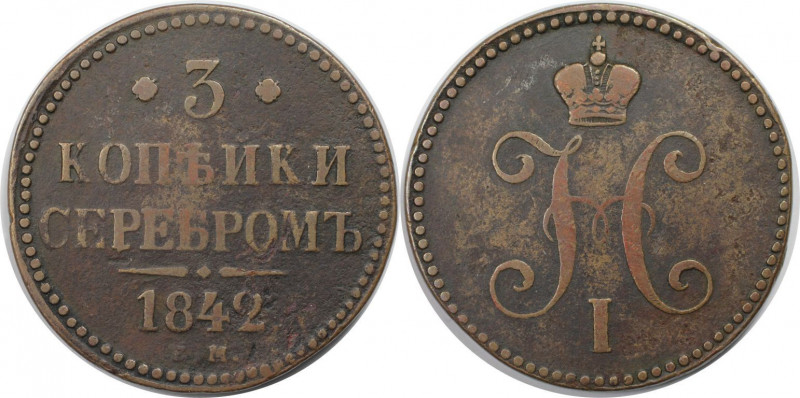 Russische Münzen und Medaillen, Nikolaus I. (1826-1855). 3 Kopeken 1842 EM. Kupf...