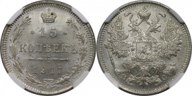 Russische Münzen und Medaillen, Nikolaus II. (1894-1918). 15 Kopeken 1917 BC, Silber. Bitkin 144 (R). NGC MS 65