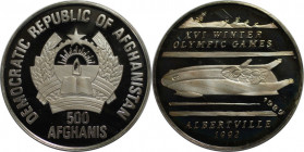 Weltmünzen und Medaillen, Afghanistan. Olympiade Albertville, Bobfahren. 500 Afghanis 1989. 16,0 g. 0.999 Silber. 0.51 OZ. KM 1008.1. Polierte Platte