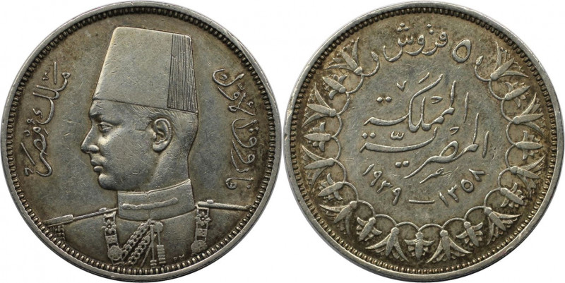 Weltmünzen und Medaillen, Ägypten / Egypt. Farouk I. 5 Piastres 1939. Silber. KM...