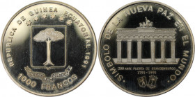 Weltmünzen und Medaillen, Äquatorial Guinea / Equatorial Guinea. Brandenburger Tor. 1000 Francos 1991. Kupfer-Nickel. KM 68. Stempelglanz