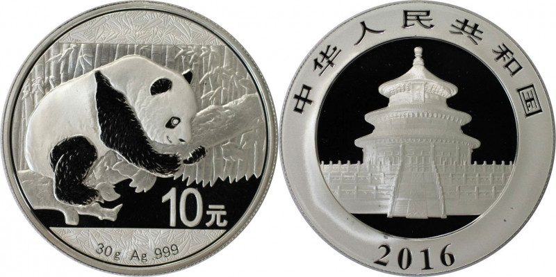 Weltmünzen und Medaillen, China. Panda. 10 Yuan 2016. Silber. 30,0 g. Polierte P...