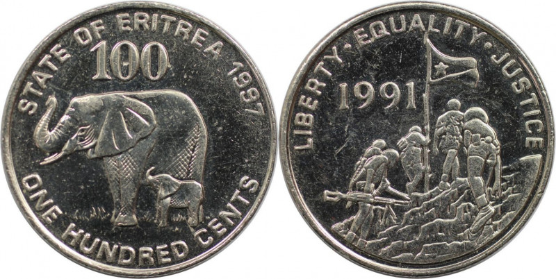 Weltmünzen und Medaillen, Eritrea. Afrikanischer Elefant. 100 Cents 1997. KM 48....