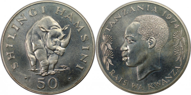 Weltmünzen und Medaillen, Tansania / Tanzania. Nashorn. 50 Shilingi 1974. 31,85 ...