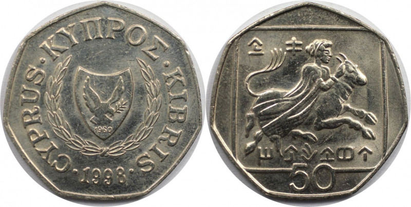 Weltmünzen und Medaillen, Zypern / Cyprus. 50 Cents 1998, Kupfer-Nickel. KM 66. ...