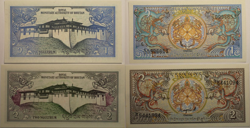 Banknoten, Bhutan. 1 Ngultrum 1981, P.012-U3, 2 Ngultrum 1986, P.013. 2 Stück. I...