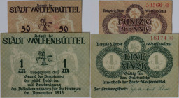 Banknoten, Deutschland / Germany. Wolfenbüttel (Bsw) Stadt. 50 Pfennig 11.1918 Grabowski W57.1., 1 Mark 11.1918 Geiger 566.01. 2 Stück. II-III