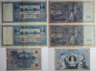Banknoten, Deutschland / Germany. Reichsbanknote. 3 x 100 Mark 1908-10. 3 Stück. Pick 33, 42. IV