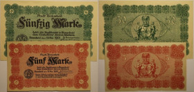 Banknoten, Deutschland / Germany. Notgeld, Remscheid. 5 Mark, 50 Mark 1918. 2 Stück. II