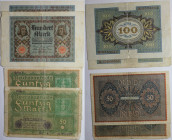Banknoten, Deutschland / Germany. Reichsbanknote. 2 x 50 Mark, 2 x 100 Mark 1919-20. 4 Stück. Pick 66, 69. III-IV