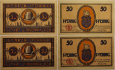 Banknoten, Deutschland / Germany. Notgeld Luckenwalde. Stadtwappen, Hut und Stadtmotiv. 2 x 50 Pfennig 1921. 2 Stück. G/M 817.1. II