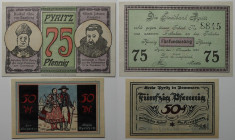 Banknoten, Deutschland / Germany. Notgeld Pyritz in Pommern. 50, 75 Pfennig 1921. 2 Stück. SS 10821a, 10832. I-II
