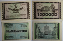 Banknoten, Deutschland / Germany. Notgeld Stadt Düsseldorf. 1 Million Mark, 10 Millionen Mark 1923. 2 Stück. Keller: 1150. II-III