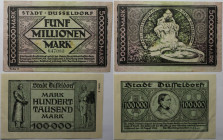 Banknoten, Deutschland / Germany. Notgeld Stadt Düsseldorf. 100 000 Mark, 5 Millionen Mark 1923. 2 Stück. Keller:1150. II-III
