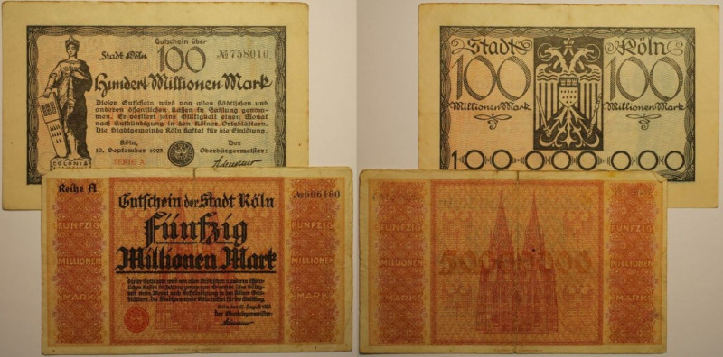 Banknoten, Deutschland / Germany. Notgeld Köln, Inflation. 100 Million Mark, 500...