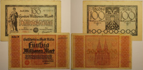 Banknoten, Deutschland / Germany. Notgeld Köln, Inflation. 100 Million Mark, 500 Million Mark 1923. 2 Stück. III