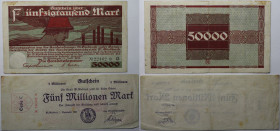 Banknoten, Deutschland / Germany. Notgeld, München Gladbach, Inflation. 50 000 Mark, 5 Million Mark 1923. 2 Stück. Keller:3681, 3675. III