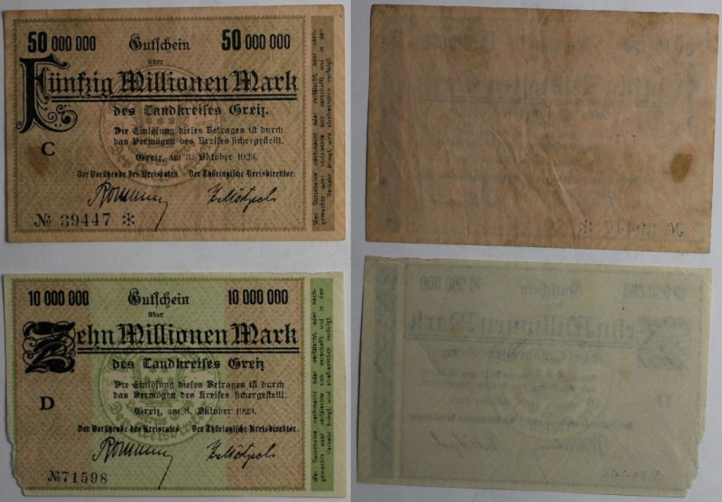 Banknoten, Deutschland / Germany. Notgeld Greiz, Inflation. 10 Million Mark, 50 ...