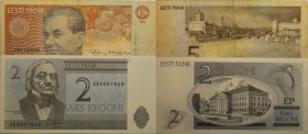 Banknoten, Estland / Estonia. 2 Krooni 1992, P.070a, 5 Krooni 1994, P.076a. 2 Stück. II-IV
