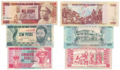 Banknoten, Guinea-Bissau, Lots und Sammlungen. 50 Pesos 1990. I, 100 Pesos 1990. Pick 011. II, 1000 Pesos 1990. Pick 013. II, Lot von 3 Banknoten 1990...