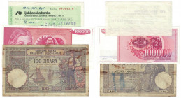 Banknoten, Jugoslawien / Yugoslavia, Lots und Sammlungen. 100 Dinara 1929. P.27. III, 100 000 Dinara 1989. P.97. I, Bank Sarajevo. Cek 1989. II, Lot v...