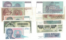 Banknoten, Jugoslawien / Yugoslavia, Lots und Sammlungen. 100 Dinara 1994. P.139. I, 500 Dinara 1981. P.91. I, 1000 Dinara 1994. P.140. I, 20 000 Dina...