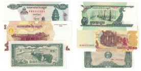 Banknoten, Kambodscha / Cambodia, Lots und Sammlungen. 0.2 Riel 1979. P.26. I, 50 Riels 2002. P.35. I, 100 Riels 1998. P.36. I, Lot von 3 Banknoten