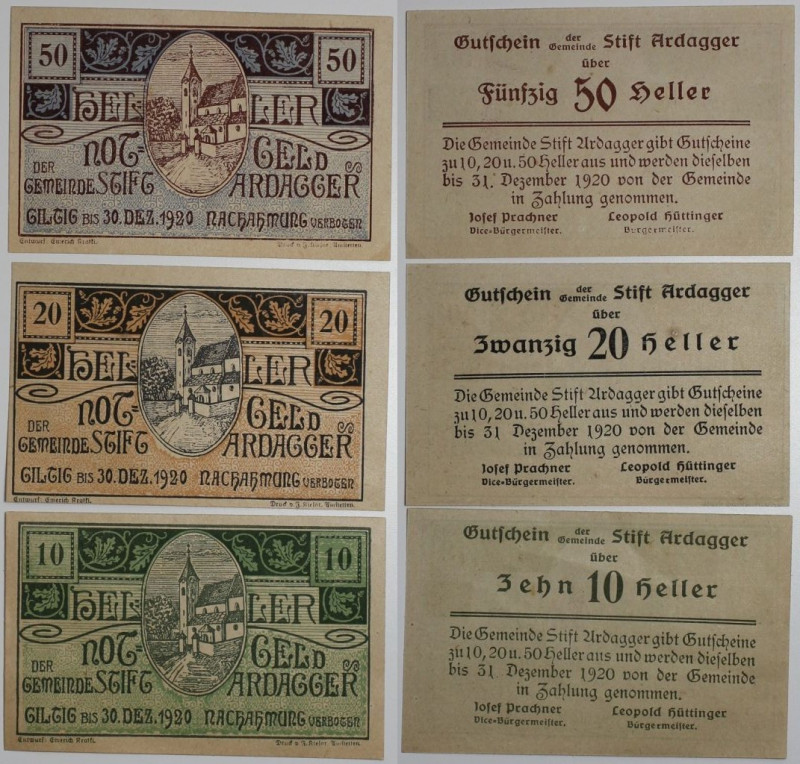 Banknoten, Österreich / Austria. Notgeld Ardagger Stift, Gemeinde. 10 Heller, 20...