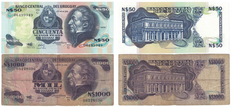 Banknoten, Uruguay, Lots und Sammlungen. 50 Nuevos Pesos 1989. P.61A. I, 1 000 N...