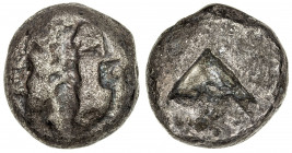MACEDONIAN CITIES: AR stater (8.14g), Siris, ca. 530-480 BC, SNG ANS-958 (Lete), naked ithyphallic satyr grasping arm of fleeing nymph // rough incuse...