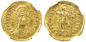 ROMAN EMPIRE: Arcadius, 383-408, AV solidus (4.40g), Constantinople, 402-403, RIC-7, Depeyrot-55/1, diademed, helmeted and cuirassed bust facing sligh...