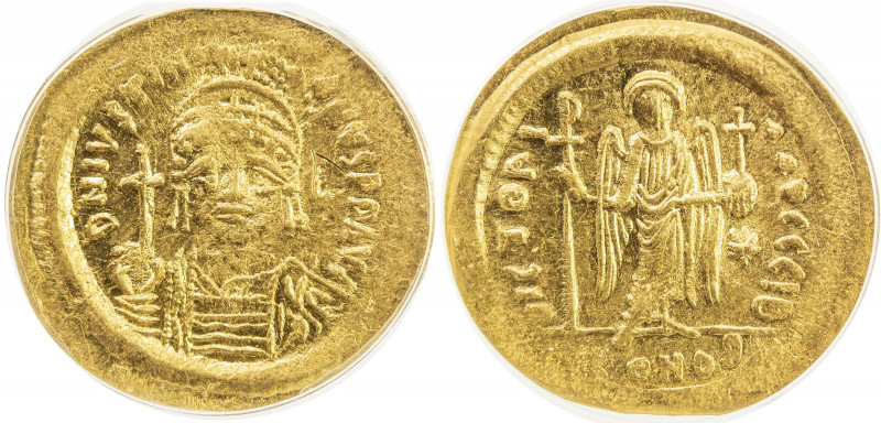 BYZANTINE EMPIRE: Justinian I, 527-565, AV solidus, Constantinople, S-140, helme...