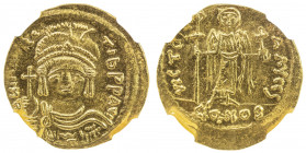 BYZANTINE EMPIRE: Maurice Tiberius, 582-602, AV solidus (4.48g), Constantinople, S-478, bust facing, with plumed helmet, holding globus cruciger // an...