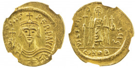 BYZANTINE EMPIRE: Phocas, 602-610, AV solidus (4.43g), Constantinople, S-618, bust facing, wearing crown without pendilla // angel facing, holding lon...