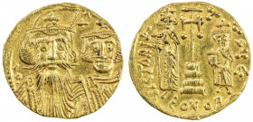 BYZANTINE EMPIRE: Constans II, 641-668, AV solidus (4.35g), Constantinople, S-964, bust of the emperor with long beard at left, his beardless son righ...