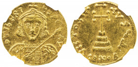 BYZANTINE EMPIRE: Tiberius III Aspimar, 698-705, AV solidus (4.43g), Constantinople, S-1360, facing military bust, holding spear diagonally & shield /...
