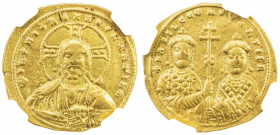 BYZANTINE EMPIRE: Basil II Bulgarochtonus, 976-1025, AV histamenon nomisma (4.20g), Constantinople, S-1797, nimbate bust of Christ facing, holding the...