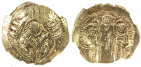 BYZANTINE EMPIRE: Andronicus II and Michael IX, 1295-1320, AV/EL hyperpyron, Constantinople, S-2396, bust of the Virgin orans within city walls of fou...