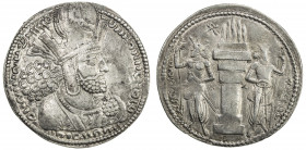 SASANIAN KINGDOM: Shahpur I, 241-272, AR drachm (4.31g), G-23, king's bust, wearing tiara headdress with korymbos & earflaps // fire altar guarded by ...