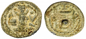 SASANIAN KINGDOM: Yazdigerd II, 438-457, lead pashiz (1.85g), G-166, SNS—, king's bust as usual, triangle right, crescent & pellet above // fire altar...