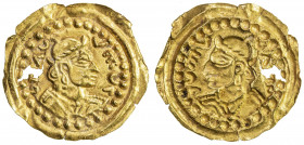 UMAYYAD/ABBASID: Anonymous, 7th/10th century, AV burial piece (0.67g), bust right, derived from Hunnic silver coins, such as Alchon/Nezak drachms of t...