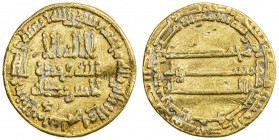 ABBASID: al-Rashid, 786-809, AV dinar (4.16g), NM, AH181, A-218.3, citing the caliphal heir-apparent al-Amin in the inner reverse margin, slightly une...