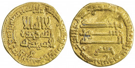 ABBASID: al-Rashid, 786-809, AV dinar (4.12g), NM (Misr), AH184, A-218.11, anonymous for Harun al-Rashid, with Ja'far cited below reverse, light clean...