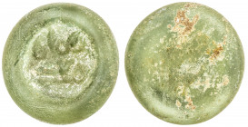 FATIMID: al-Mustansir, 1036-1094, glass weight/jeton (1.46g), A-724, short legend, just al-imam / ma'add, light green, some attractive light toning in...