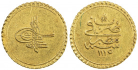 EGYPT: Ahmed III, 1703-1730, AV eshrefi (sultani) (3.52g), Misr, AH1115, KM-72, without any initial, EF.
Estimate: USD 200 - 260